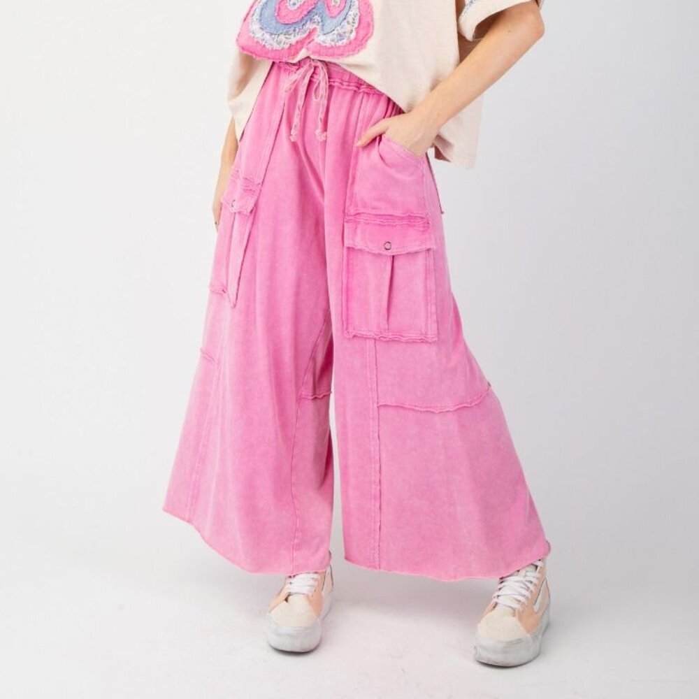 E21 Easel Feeling Good Bubble Gum Pink Mineral Wash Wide Leg Cargo Pants PLUS
